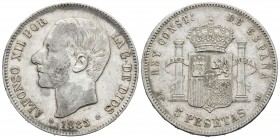 Alfonso XII (1874-1885). 5 pesetas. 1885*18-87. Madrid. MPM. (Cal-42). Ag. 25,00 g. MBC-/MBC. Est...18,00.