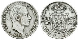 Alfonso XII (1874-1885). 20 centavos. 1884. Manila. (Cal-91). Ag. 5,01 g. Escasa. MBC-. Est...110,00.
