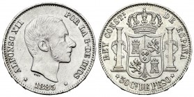 Alfonso XIII (1886-1931). 50 céntimos de peso. 1885. Manila. (Cal-86). Ag. 12,91 g. Rayas en anverso. MBC+. Est...30,00.