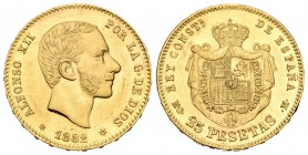 Alfonso XII (1874-1885). 25 pesetas. 1882/1*18-82. Madrid. MSM. (Cal-15). Au. 8,04 g. Marquitas. Muy escasa. EBC+. Est...500,00.