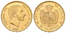 Alfonso XII (1874-1885). 25 pesetas. 1884. Madrid. MSM. (Cal-19). Au. 8,04 g. Escasa. EBC-/EBC. Est...300,00.