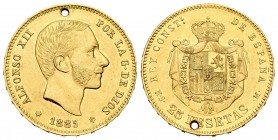 Alfonso XII (1874-1885). 25 pesetas. 1885*18-85. Madrid. MSM. (Cal-20). Au. 8,06 g. Restos de brillo original. Agujero. Muy rara. EBC/EBC-. Est...400,...