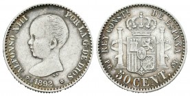 Alfonso XII (1874-1885). 50 céntimos. 1892*9-2. Madrid. PGM. (Cal-55). Ag. 2,46 g. MBC. Est...15,00.