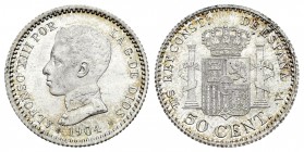 Alfonso XIII (1886-1931). 50 céntimos. 1904*0-4. Madrid. SMV. (Cal-61). Ag. 2,49 g. Brillo original. SC-. Est...25,00.