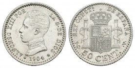 Alfonso XIII (1886-1931). 50 céntimos. 1904*1-0. Madrid. PCV. (Cal-62). Ag. 2,51 g. EBC+. Est...18,00.