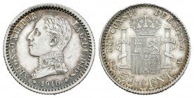 Alfonso XIII (1886-1931). 50 céntimos. 1910*1-0. Madrid. PCV. (Cal-63). Ag. 2,50 g. EBC+. Est...18,00.
