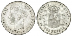 Alfonso XIII (1886-1931). 1 peseta. 1896*18-96. Madrid. PGV. (Cal-41). Ag. 4,83 g. MBC+. Est...35,00.