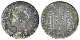 Alfonso XIII (1886-1931). 1 peseta. 1896*18-96. Madrid. PGV. (Cal-41). Ag. 4,96 g. Pátina irregular. MBC+. Est...30,00.