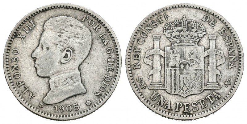 Alfonso XIII (1886-1931). 1 peseta. 1905*19-0_. Madrid. SMV. (Cal-51). Ag. 5,03 ...