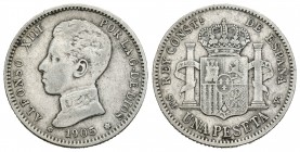 Alfonso XIII (1886-1931). 1 peseta. 1905*19-0_. Madrid. SMV. (Cal-51). Ag. 5,03 g. Escasa. BC+. Est...50,00.