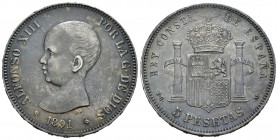 Alfonso XIII (1886-1931). 5 pesetas. 1891*18-91. Madrid. PGM. (Cal-17). Ag. 24,83 g. Pátina oscura. MBC+. Est...40,00.