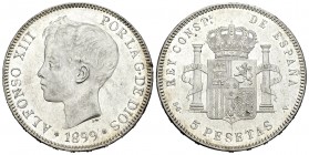 Alfonso XIII (1886-1931). 5 pesetas. 1899*18-99. Madrid. SGV. (Cal-28). Ag. 24,78 g. Marcas y golpecito. EBC+. Est...85,00.