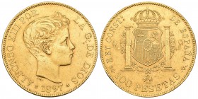 Alfonso XIII (1886-1931). 100 pesetas. 1897*18-97. Madrid. SGV. (Cal-1). Au. 32,23 g. EBC. Est...1800,00.