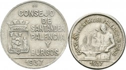 Guerra Civil (1936-1939). Serie de dos monedas, 1 peseta y 50 céntimos. 1937. Santander, Palencia y Burgos. (Cal-16). Cu-Ni. MBC+. Est...45,00.