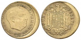 Estado español (1936-1975). 1 peseta. 1963*18-65. Madrid. (Cl-92). 3,37 g. Acuñación desplazada 2 mm. EBC+. Est...65,00.