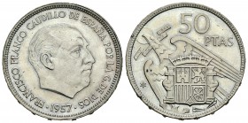 Estado español (1936-1975). 50 pesetas. 1957*67. Madrid. (Cal-20). Cu-Ni. 12,66 g. Marcaquita en la barbilla. SC-. Est...18,00.
