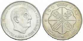 Estado español (1936-1975). 100 pesetas. 1966*6-9. Madrid. (Cal-15). Ag. 19,11 g. Palo recto. Muy escasa. SC. Est...180,00.