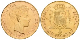 Estado español (1936-1975). 100 pesetas. 1897*19-62. Madrid. SGV. (Cal-2). Au. 32,23 g. Reacuñación oficial. Golpe en el canto. SC-. Est...1100,00.