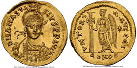 Anastasius I (AD 491-518). AV solidus (20mm, 4.46 gm, 6h). NGC MS 5/5 - 4/5. Constantinople, 10th officina, ca. AD 491-498. D N ANASTA-SIVS PP AVG, pe...