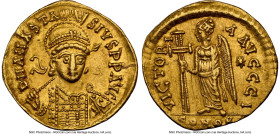 Anastasius I (AD 491-518). AV solidus (21mm, 4.39 gm, 5h). NGC AU 5/5 - 2/5, scratches. Constantinople, 10th officina, ca. AD 491-498. D N ANASTA-SIVS...