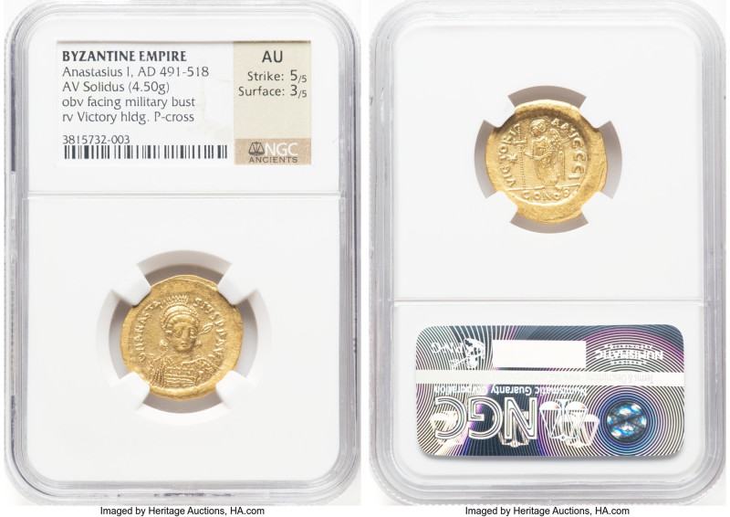 Anastasius I (AD 491-518). AV solidus (21mm, 4.50 gm, 6h). NGC AU 5/5 - 3/5. Con...