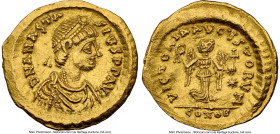Anastasius I (AD 491-518). AV tremissis (15mm, 1.46 gm, 6h). NGC Choice AU 5/5 - 3/5, clipped, edge bend. Constantinople, ca. AD 491-518. D N ANASTA-S...