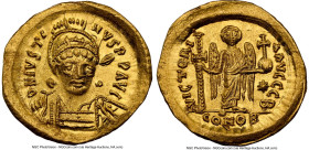 Justin I (AD 518-527). AV solidus (21mm, 4.45 gm, 5h). NGC MS 5/5 - 3/5, clipped, light graffito. Constantinople, 2nd officina. D N IVSTI-NVS PP AVG, ...