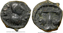 Justin I (AD 518-527). AE 1-1/2 nummi (10mm, 0.49 gm, 5h). NGC Choice Fine 4/5 - 3/5. Thessalonica. D N IVSTINVS P A, pearl-diademed, draped, and cuir...
