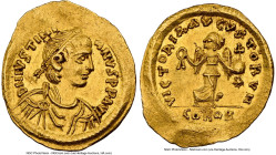 Justinian I the Great (AD 527-565). AV tremissis (16mm, 1.48 gm, 6h). NGC MS 4/5 - 3/5, edge crimp, brushed. Constantinople. D N IVSTINI-ANVS PP AVG, ...