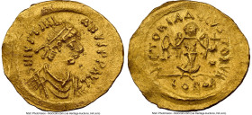 Justinian I the Great (AD 527-565). AV tremissis (16mm, 1.48 gm, 6h). NGC Choice AU 5/5 - 2/5, wavy flan, graffito. Constantinople. D N IVSTINI-ANVS P...