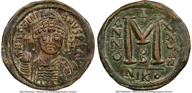 Justinian I the Great (AD 527-565). AE follis or 40 nummi (32mm, 6h). NGC XF, ed...