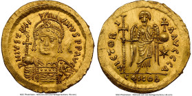 Justinian I the Great (AD 527-565). AV solidus (20mm, 4.43 gm, 6h). NGC Choice AU 4/5 - 2/5, brushed, slight bend. Rome, 1st officina, AD 547-549. D N...