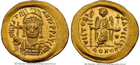 Justinian I the Great (AD 527-565). AV solidus (20mm, 4.46 gm, 6h). NGC MS 5/5 - 4/5. Rome, 6th officina, AD 547-549. D N IVSTINI-ANVS PP AVG (AV liga...