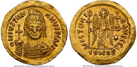 Justinian I the Great (AD 527-565). AV solidus (21mm, 4.37 gm, 6h). NGC AU 5/5 - 4/5, clipped. Rome, 4th officina, AD 547-549. D N IVSTINI-ANVS PP AVG...