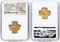 Justin II (AD 565-578). AV solidus (21mm, 4.50 gm, 6h). NGC MS 4/5 - 2/5, scratches. Constantinople, 9th officina. D N I-VSTI-NVS PP AVG, pearl-diadem...