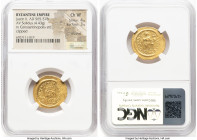 Justin II (AD 565-578). AV solidus (21mm, 4.43 gm, 5h). NGC Choice VF 4/5 - 3/5, brushed, clipped. Constantinople, 10th officina. D N I-VSTI-NVS PP AV...