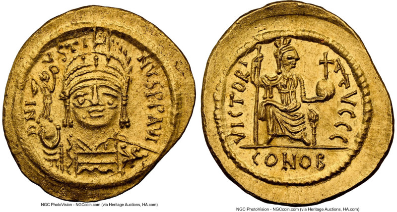 Justin II (AD 565-578). AV solidus (21mm, 4.41 gm, 5h). NGC MS 5/5 - 4/5. Thessa...