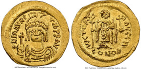 Maurice Tiberius (AD 582-602). AV solidus (20mm, 4.41 gm, 6h). NGC MS 5/5 - 3/5, clipped, scratches. Constantinople, 8th officina. o N mAVRC-TIb PP AV...