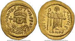 Maurice Tiberius (AD 582-602). AV solidus (22mm, 4.44 gm, 7h). NGC MS 4/5 - 4/5, clipped. Constantinople, 3rd officina. o N mAVRC-TIb PP AVG, pearl-di...