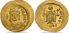 Maurice Tiberius (AD 582-602). AV solidus (21mm, 4.40 gm, 6h). NGC MS 3/5 - 4/5, clipped. Constantinople, 5th officina. o N mAVRC-TIb PP AVG, pearl-di...