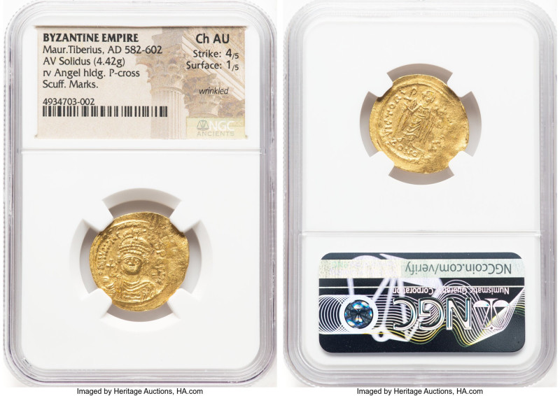 Maurice Tiberius (AD 582-602). AV solidus (22mm, 4.42 gm, 7h). NGC Choice AU 4/5...