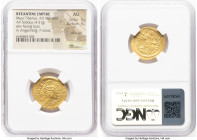 Maurice Tiberius (AD 582-602). AV solidus (21mm, 4.51 gm, 7h). NGC AU 3/5 - 3/5, wavy flan. Constantinople, 1st officina. o N mAVRC-TIb PP AVG, pearl-...