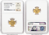 Maurice Tiberius (AD 582-602). AV tremissis (15mm, 1.10 gm, 6h). NGC MS 4/5 - 3/5, clipped, wavy planchet. Constantinople. D N TIbЄ-RI PP AVG, pearl-d...