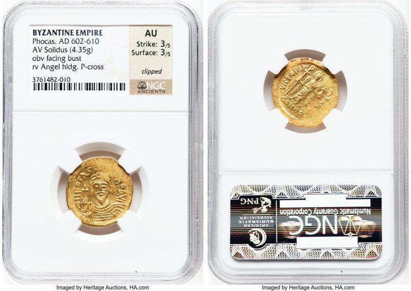 Phocas (AD 602-610). AV solidus (20mm, 4.35 gm, 8h). NGC AU 3/5 - 3/5, clipped. ...