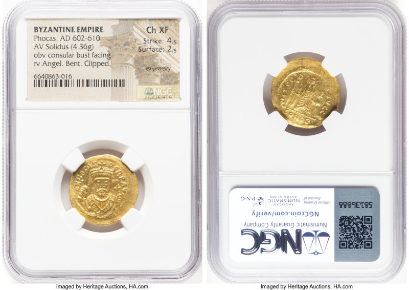 Phocas (AD 602-610). AV solidus (21mm, 4.36 gm, 7h). NGC Choice XF 4/5 - 2/5, ex...