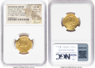 Phocas (AD 602-610). AV solidus (21mm, 4.36 gm, 7h). NGC Choice XF 4/5 - 2/5, ex-jewelry, bent, clipped. Constantinople, 10th officina, AD 607-609. d ...