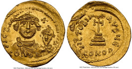 Heraclius with Heraclius Constantine (AD 613-641). AV solidus (22mm, 4.44 gm, 7h). NGC MS 2/5 - 3/5, clipped, flip-over double strike. Constantinople,...