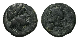 Aeolis, Autokane. AE, 0.53 g. - 8.75 mm. 3rd century BC.
Obv.: Laureate head of Zeus right.
Rev.: AYTOKA, Helmeted head of Athena left; three-petal fl...