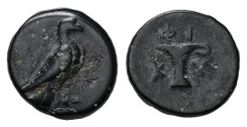 Aeolis, Kyme. AE, 1.38 g. - 11.54 mm. Circa 4th-3rd centuries BC.
Obv.: Eagle standing right with closed wings.
Rev.: K - Y. One-handled cup, Φ I abov...