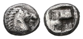Aeolis, Kyme. AR Obol, 0.83 g. - 8.08 mm. ca. Late 6th-early 5th centuries BC.
Obv.: Head of bridled horse right.
Rev.: Quadripartite incuse square.
R...